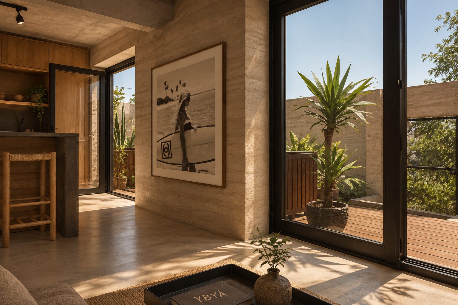 Casa Coop: interior em travertino e madeira aberto para o deck
