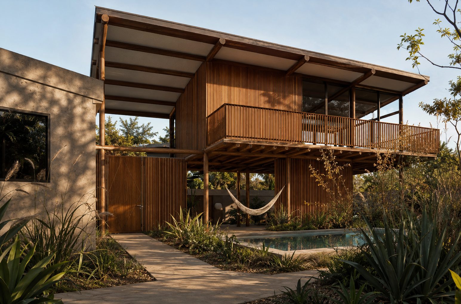 Casa Puzzle: volumes de madeira, rede e piscina na luz do fim de tarde