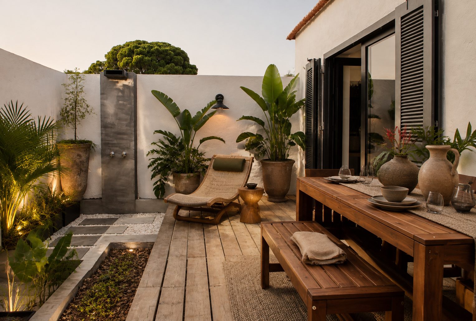 Casa Coop: pátio interno com deck, plantas e mesa de madeira