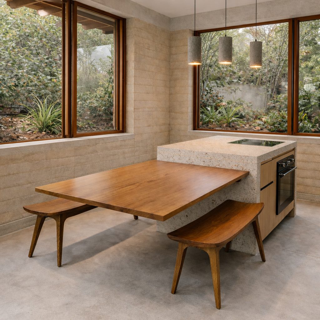 Sala de jantar com mesa de madeira e bancada mineral
