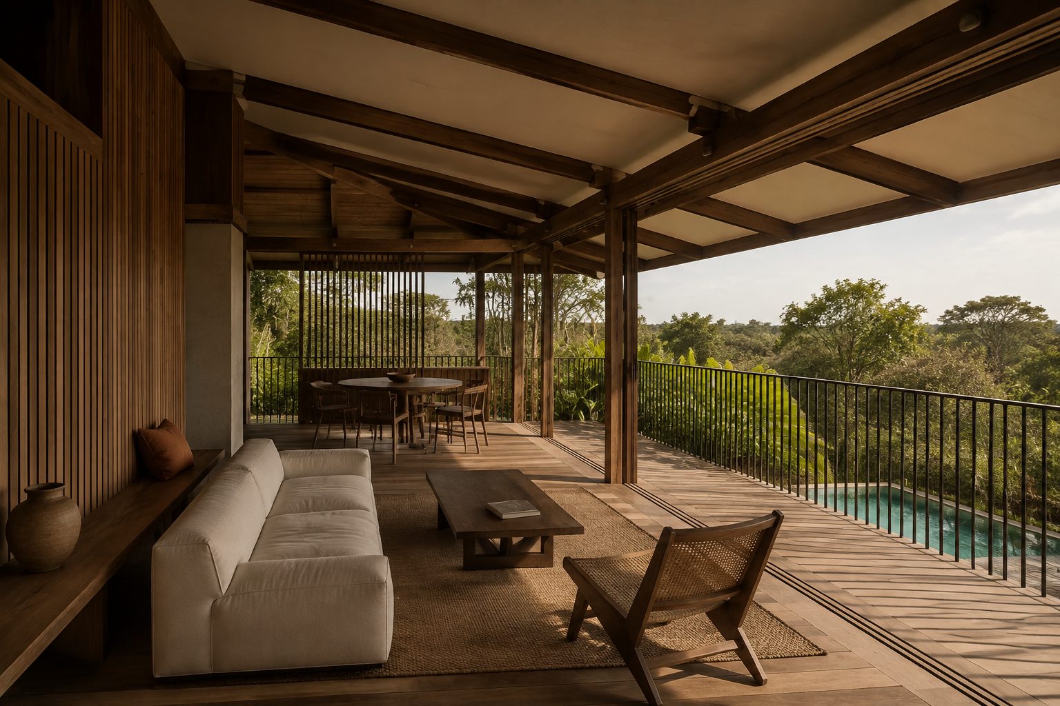 Varanda coberta com sofá e vista para a piscina
