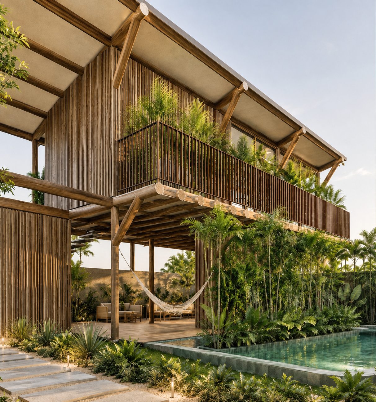 Varanda superior com rede sobre o jardim e a piscina